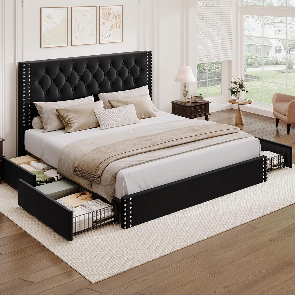 BRELTAM King Size Bed Frame with 4 Storage Drawers and Tufted Headboard Velvet Upholstered Platform Bed Frame with Heavy Duty Wood Slats, No Box Spring Needed, Black