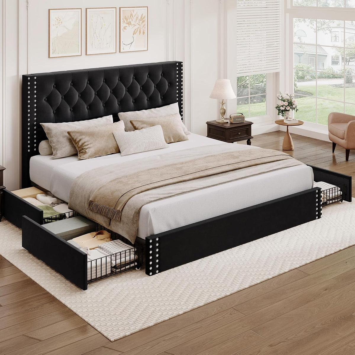 BRELTAM King Size Bed Frame with 4 Storage Drawers and Tufted Headboard Velvet Upholstered Platform Bed Frame with Heavy Duty Wood Slats, No Box Spring Needed, Black