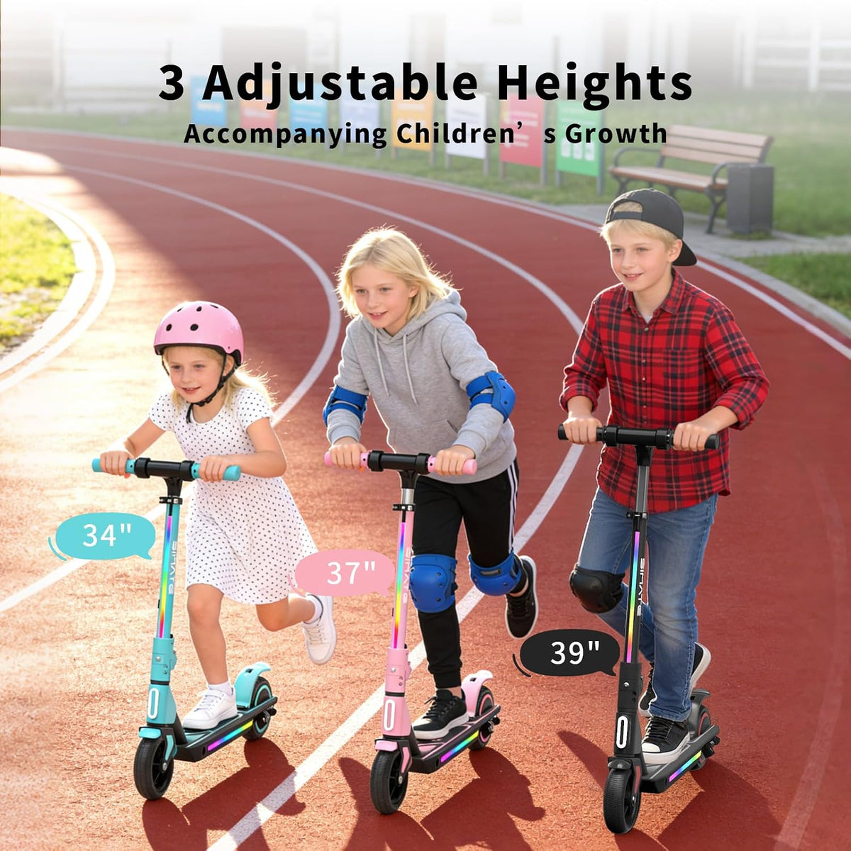 SIMATE Electric Scooter for Kids Ages 6-14, 3 Adjustable Heights 34'/37'/39', LED Display & Colorful Lights, Foldable Kids Electric Scooter, 8.7 MPH Safe Speed, Gifts for Boys Girls