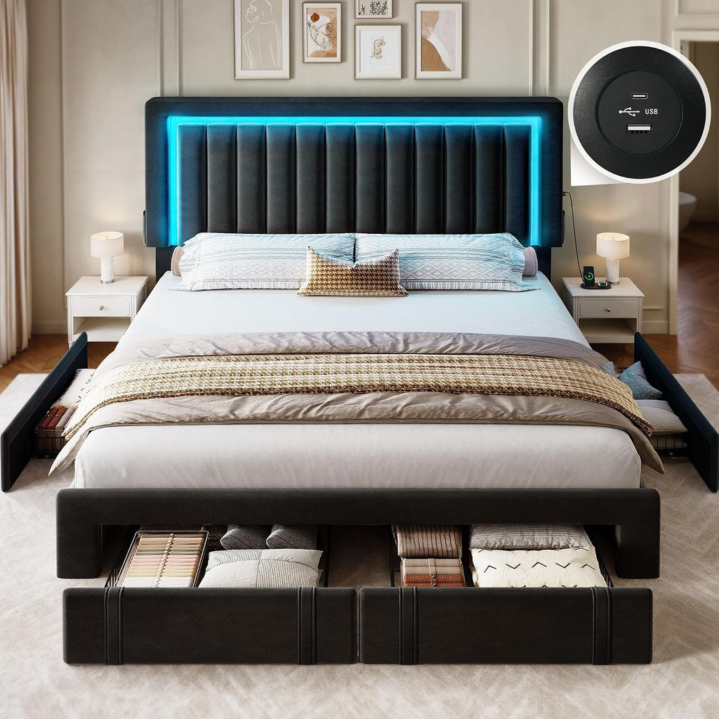 YITAHOME Queen Size Bed Frame with Adjustable Headboard, 4 Storage Drawers and RGB LED Lights, Velvet Upholstered Platform Bed with USB Ports, No Box Spring Needed, Fast Assembly, Noise-Free, Black
