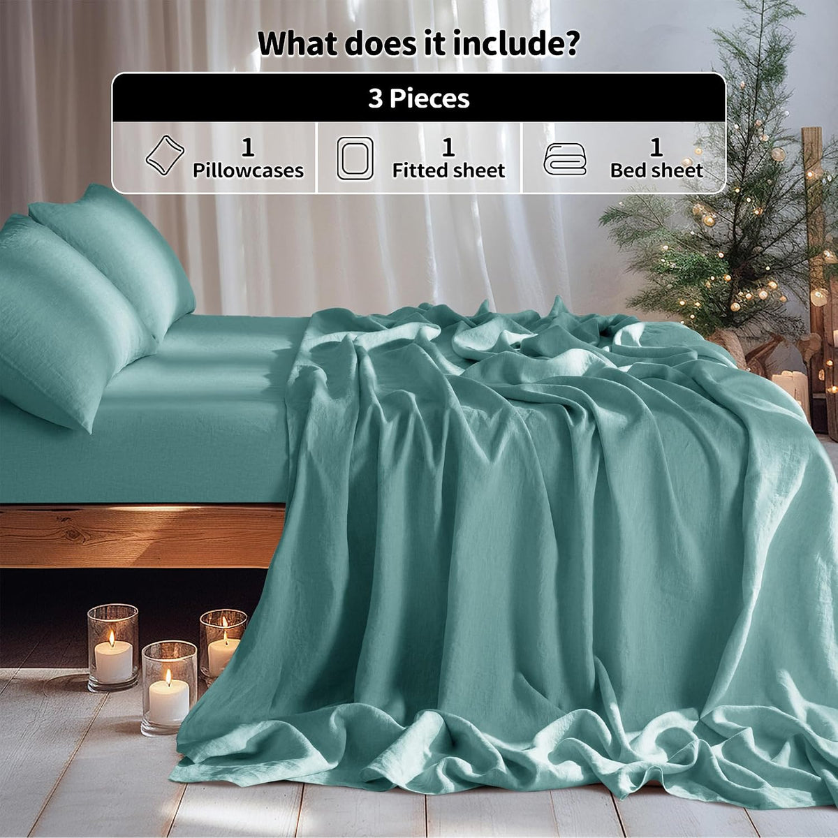 LBRO2M 100% Pure Linen Sheet Set Deep Pocket Up to 16' Bed Sheets Sets, Natural Flax Beddings Soft, Breathable, Comfortable for All Seasons Twin Size, Aqua