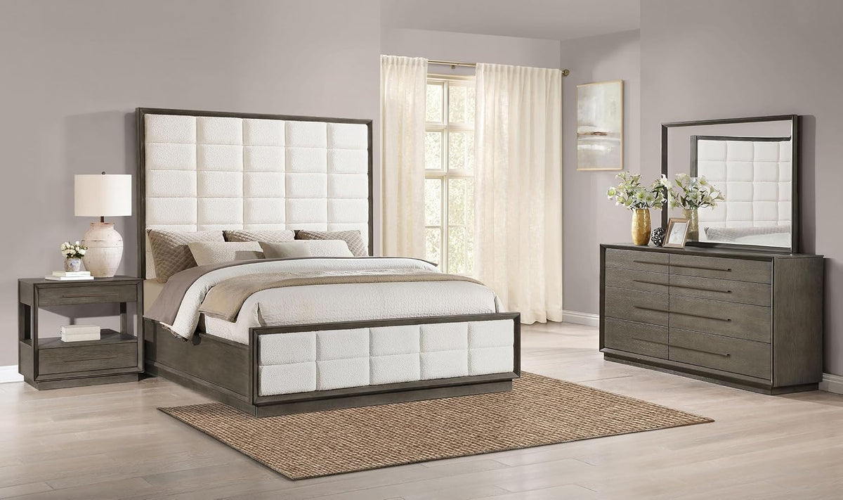 Coaster Home Furnishings Durango Transitional 4-Piece Bedroom Set Boucle Upholstered California King Size Panel Bed Frame 80-inch Headboard Washed Oak 223271KW-S4