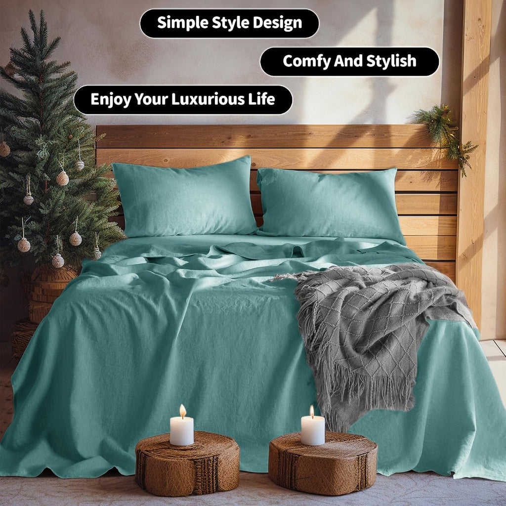 LBRO2M 100% Pure Linen Sheet Set Deep Pocket Up to 16' Bed Sheets Sets, Natural Flax Beddings Soft, Breathable, Comfortable for All Seasons Twin Size, Aqua