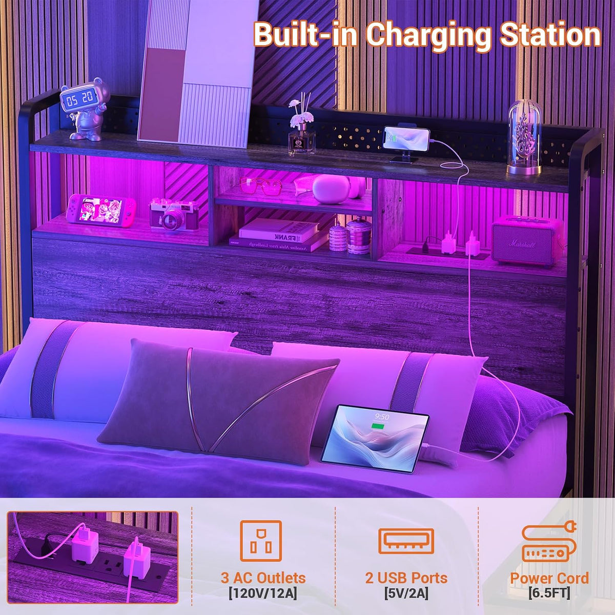 Unikito Headboard for Full Size Bed with Storage Shelf, Head Board with 3 Outlets and 2 USB Ports, Headboards with RGB LED Light, Height Adjustable, Sturdy and Stable, Easy Assembly,Black Oak
