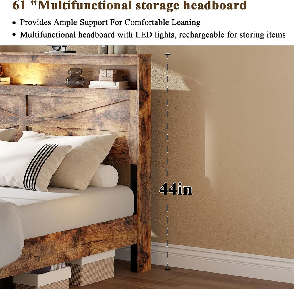 Farmhouse Queen Size Bed Frame with Storage Headboard, Wooden Platform Bed Frame with LED Lights & Charging Station, Rustic Brown Metal Bed, No Box Spring Needed, Noise-Free Sturdy Structure