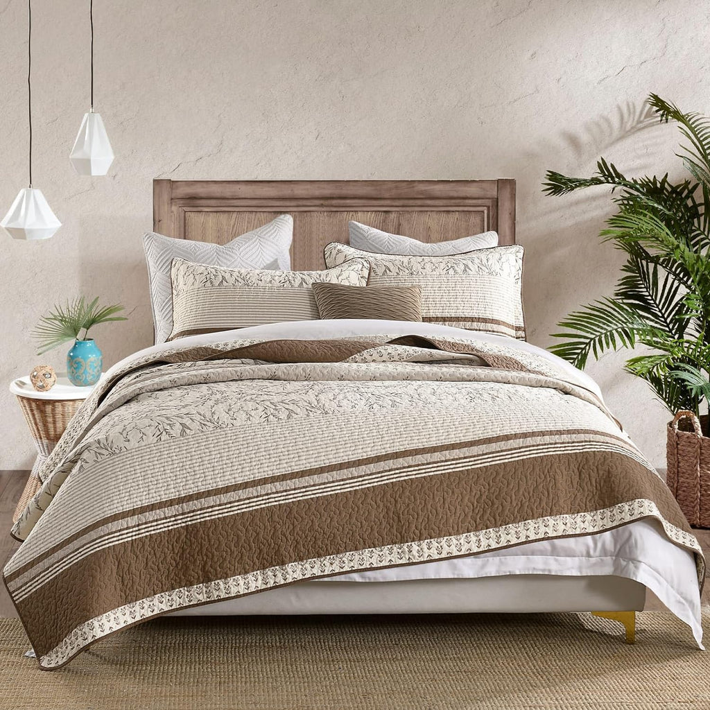 DDUOXIN 100% Cotton King Quilt - Modern Stripe Botanical Quilts with 2 Pillow Shams, Bedspread Reversible Lightweight Thin Comforter Bedding Set for All Seasons, Beaver Fur/Gray Morn/Whisper White