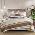 DDUOXIN 100% Cotton King Quilt - Modern Stripe Botanical Quilts with 2 Pillow Shams, Bedspread Reversible Lightweight Thin Comforter Bedding Set for All Seasons, Beaver Fur/Gray Morn/Whisper White