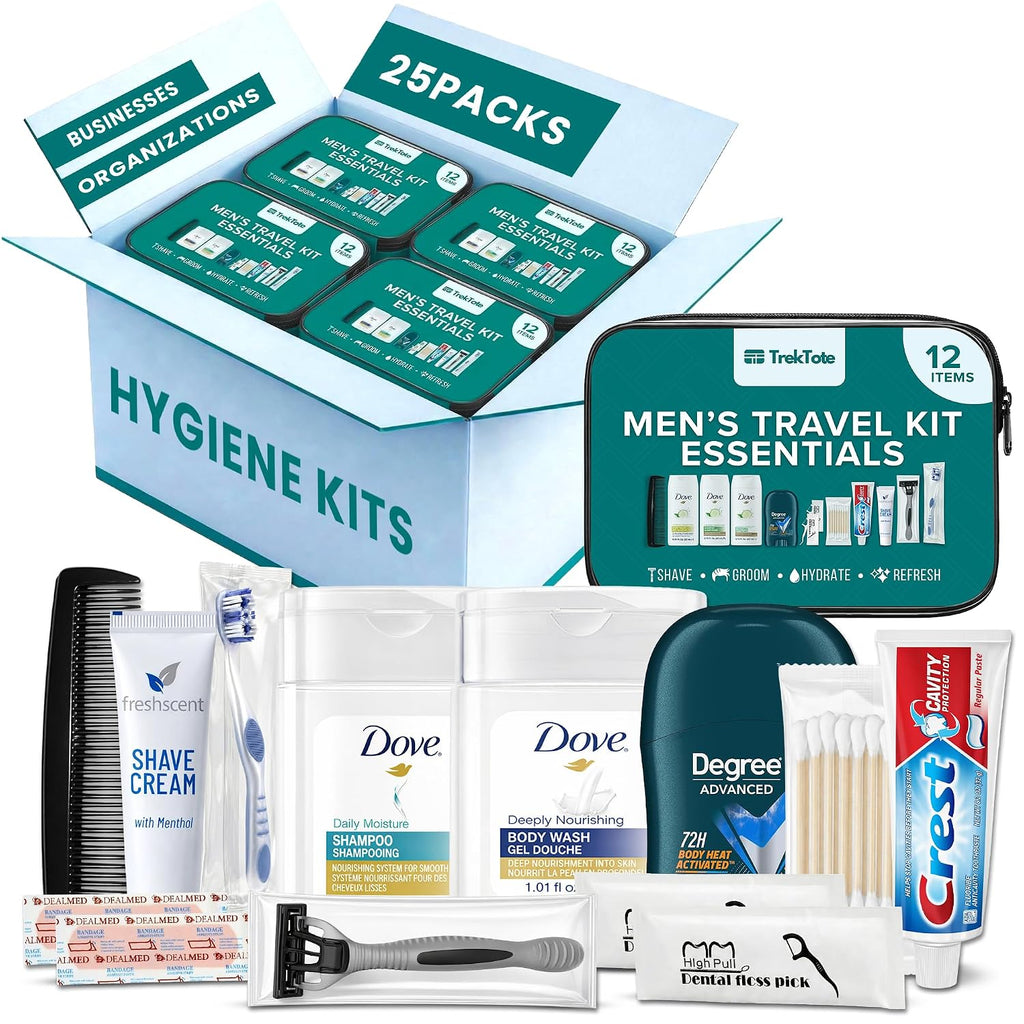 TrekTote Bulk Men's Travel Hygiene Kits Case Pack of 12 Piece Kits TSA Approved Travel Size Toiletry Kits with Toothbrush Toothpaste Deodorant Razor for Outreach Emergency Use