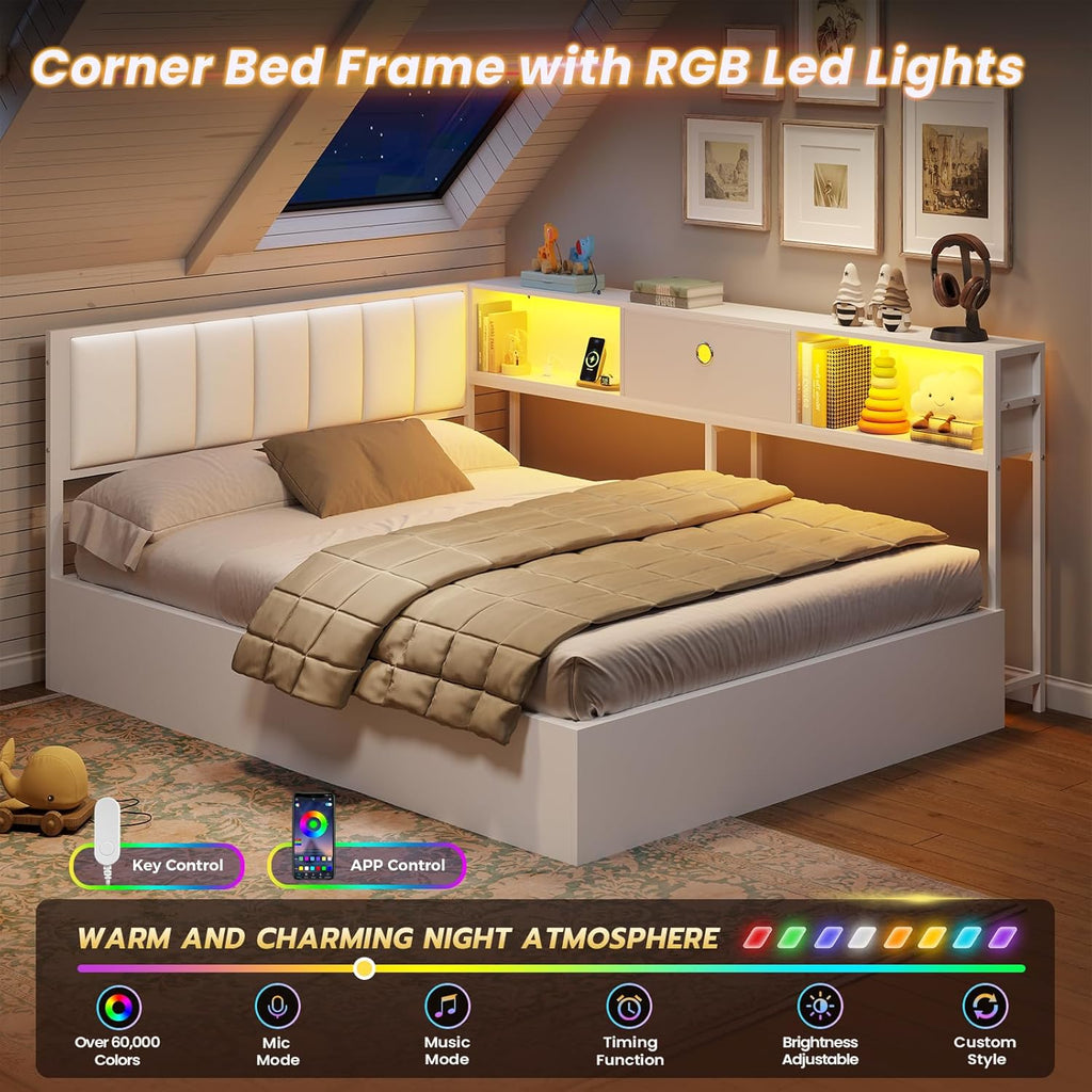 DICTAC Corner Full Bed Frame with Hydraulic Storage,Charging Station & Led Lights Corner Lift up Bed with Storage Drawers & Upholstered Headboard & Bookcase,Full Size Daybed for Teen/Adult,White