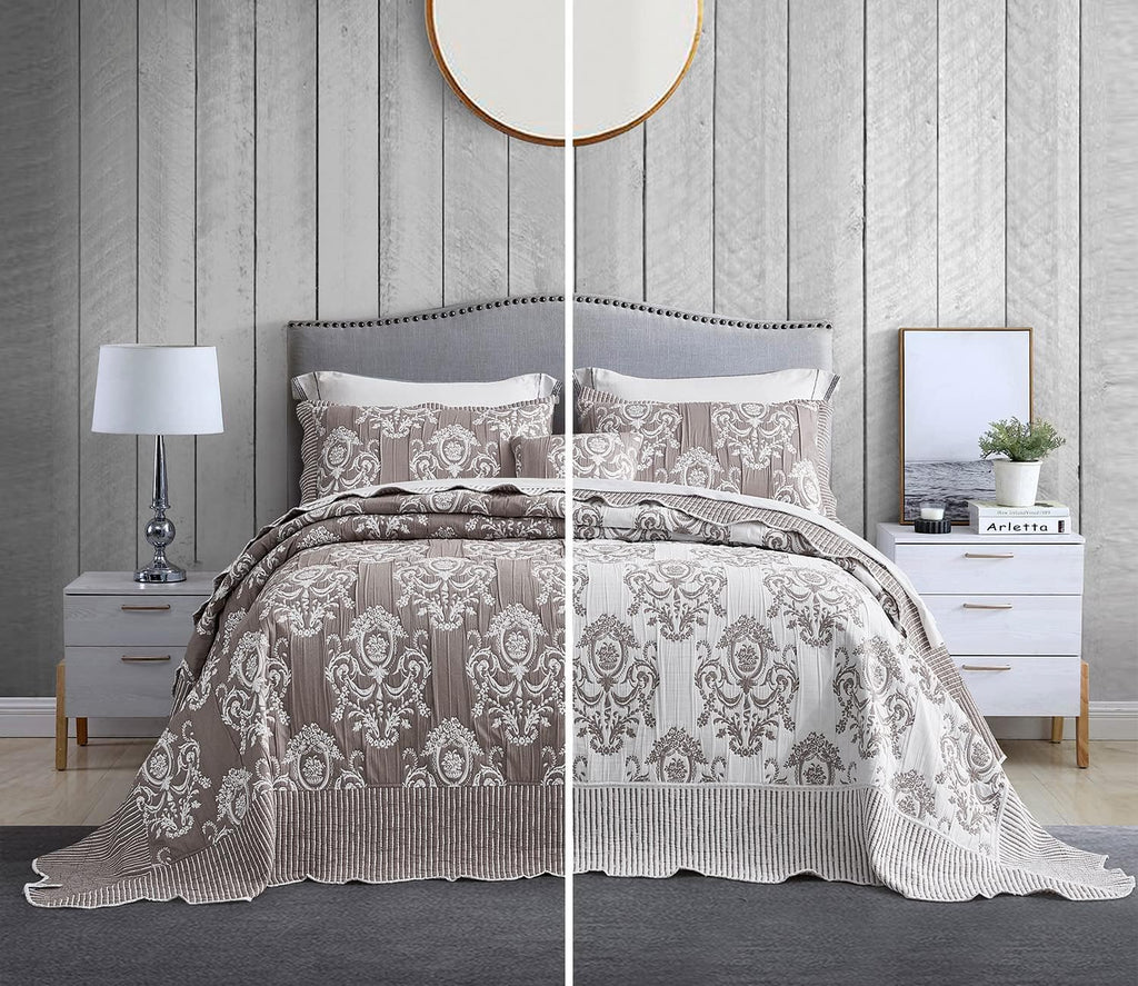 HZ & HY Oversized King Bedspread 128x120 Extra Wide, Jacquard Matelasse Damask Pattern Design, Lightweight, Reversible, 5 Piece, 100% Microfiber, Tan Brown