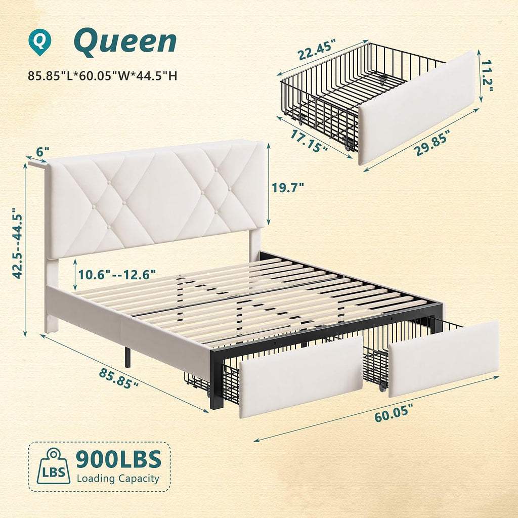 EnHomee Queen Bed Frame with 2 Drawers, Upholstered Headboard with Charging Station, Button Tufted Velvet Bed Frame and LED Lights, No Box Spring Needed,Easy Assembly，Beige