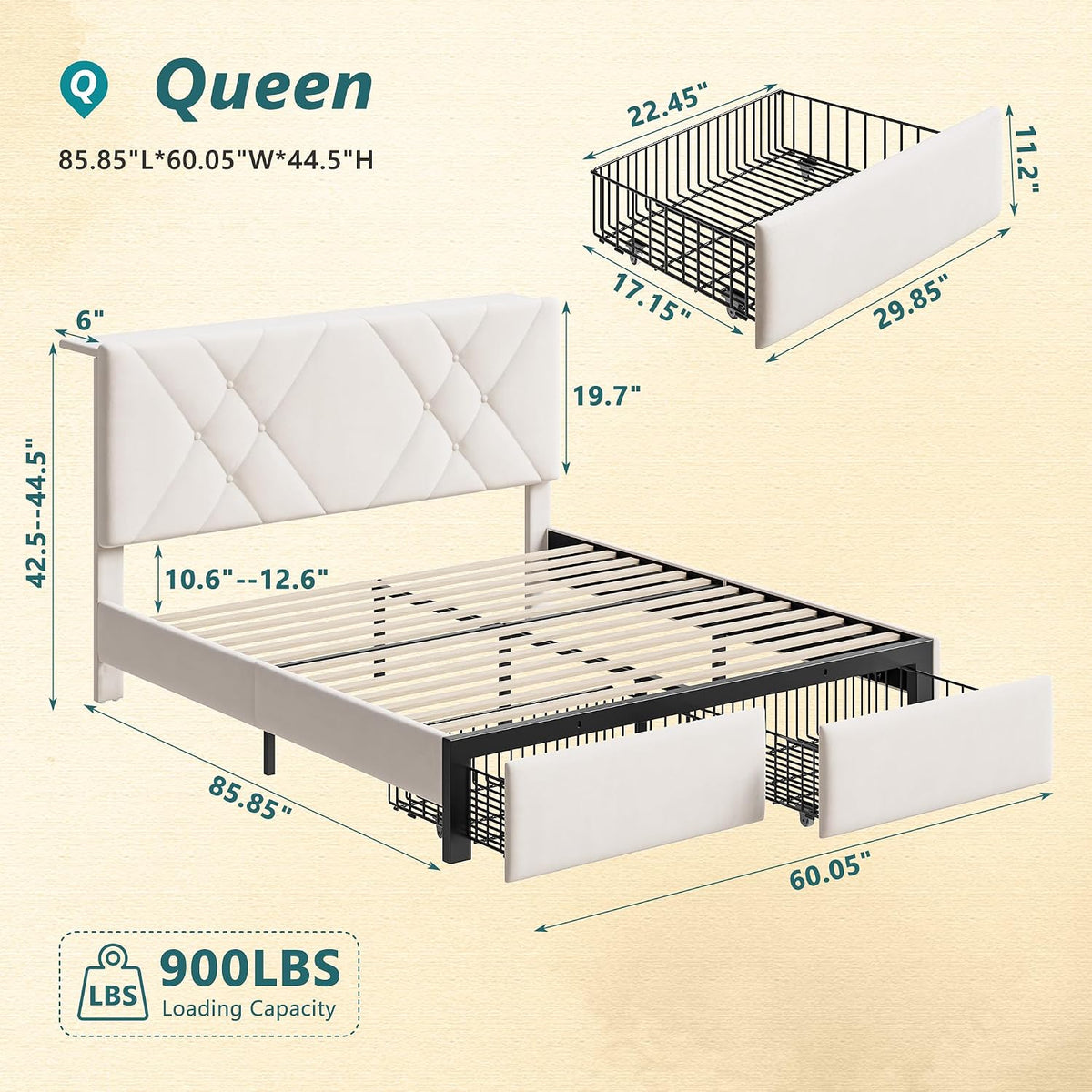 EnHomee Queen Bed Frame with 2 Drawers, Upholstered Headboard with Charging Station, Button Tufted Velvet Bed Frame and LED Lights, No Box Spring Needed,Easy Assembly，Beige