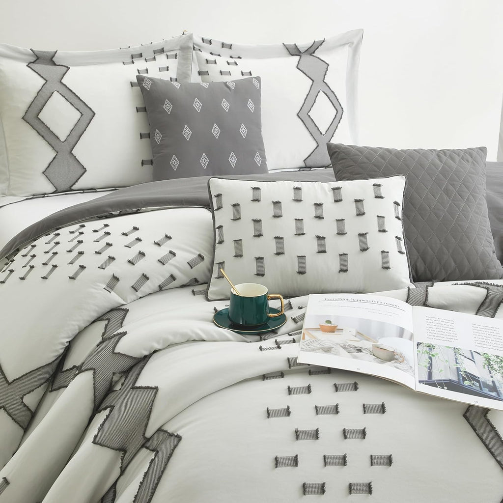 Grand Avenue 7 Piece White Grey Comforter Set, Queen Size Clipped Bedding Set, All Season Geometric Bedding, Matching Pillows, Shams, Bed Skirt
