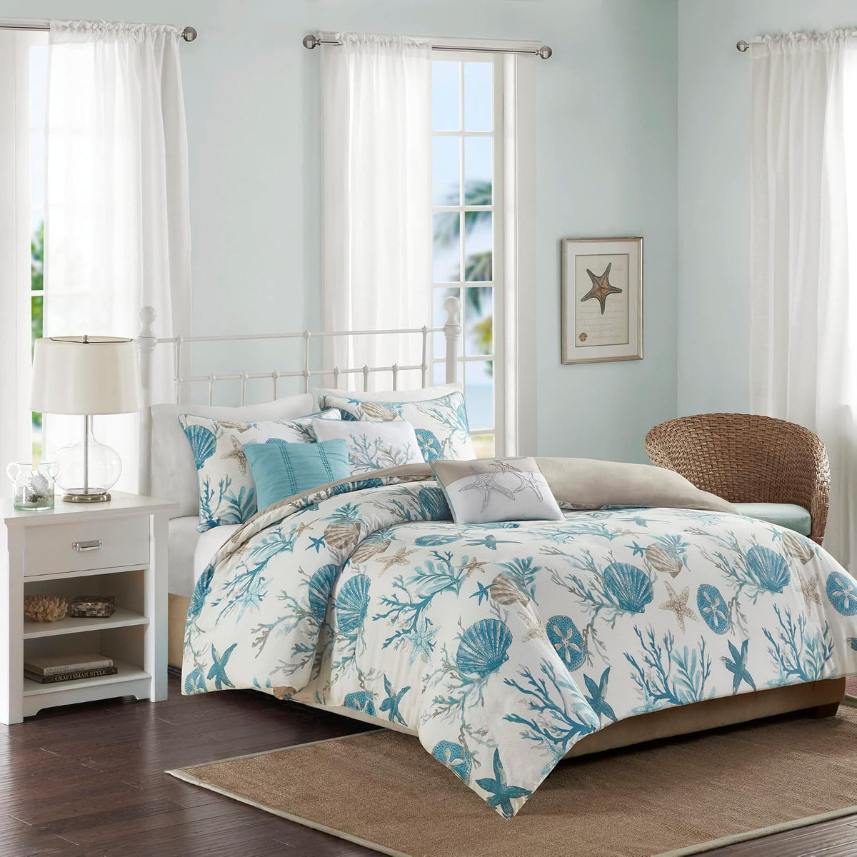 Madison Park Pebble Beach Cotton Duvet Set - Coastal, Starfish, Sealife Design, All Season, Breathable Comforter Cover Bedding, Matching Shams, Decorative Pillows, Aqua Full/Queen(90'x90') 6 Piece