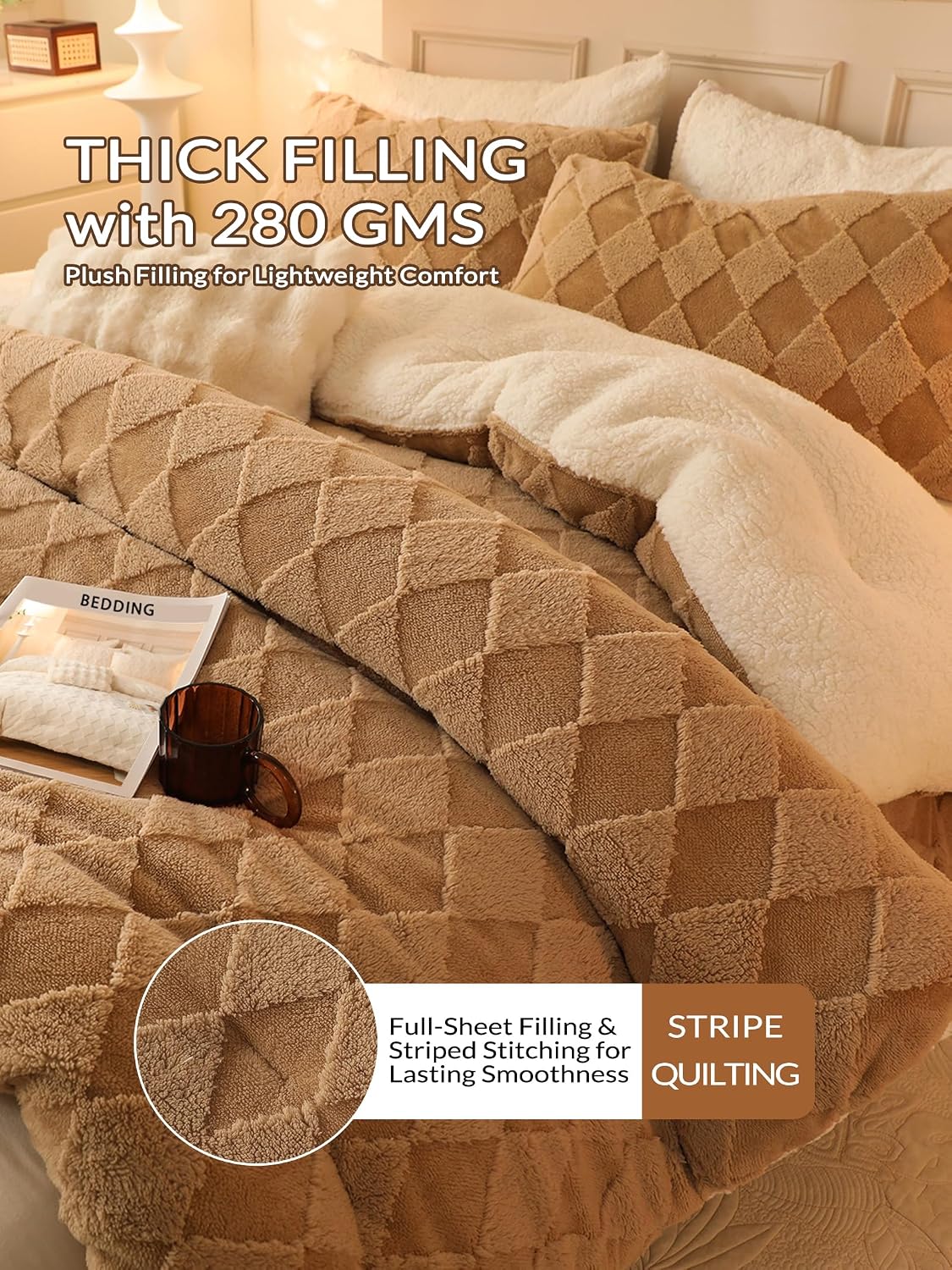Tufted Fleece Comforter Set King - Super Soft Warm Fluffy Shaggy Bedding Sets, Diamond Plaid Jacquard Bed Set for Winter, 1 Sherpa Comforter with 2 Pillow Cases (104'X90' Beige)