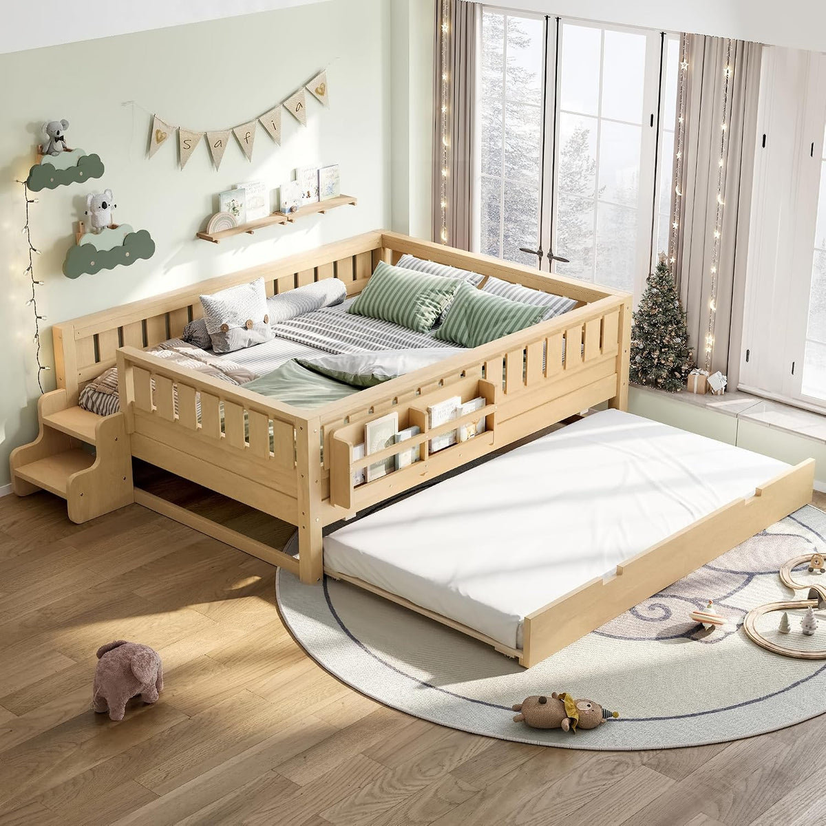 Bellemave Full Bed with Trundle and Stairs, Full Size Platform Bed Frame with Fence and Bookshelf, Easy Assemble Beds for Kids, Girls, Boys, Light Natural