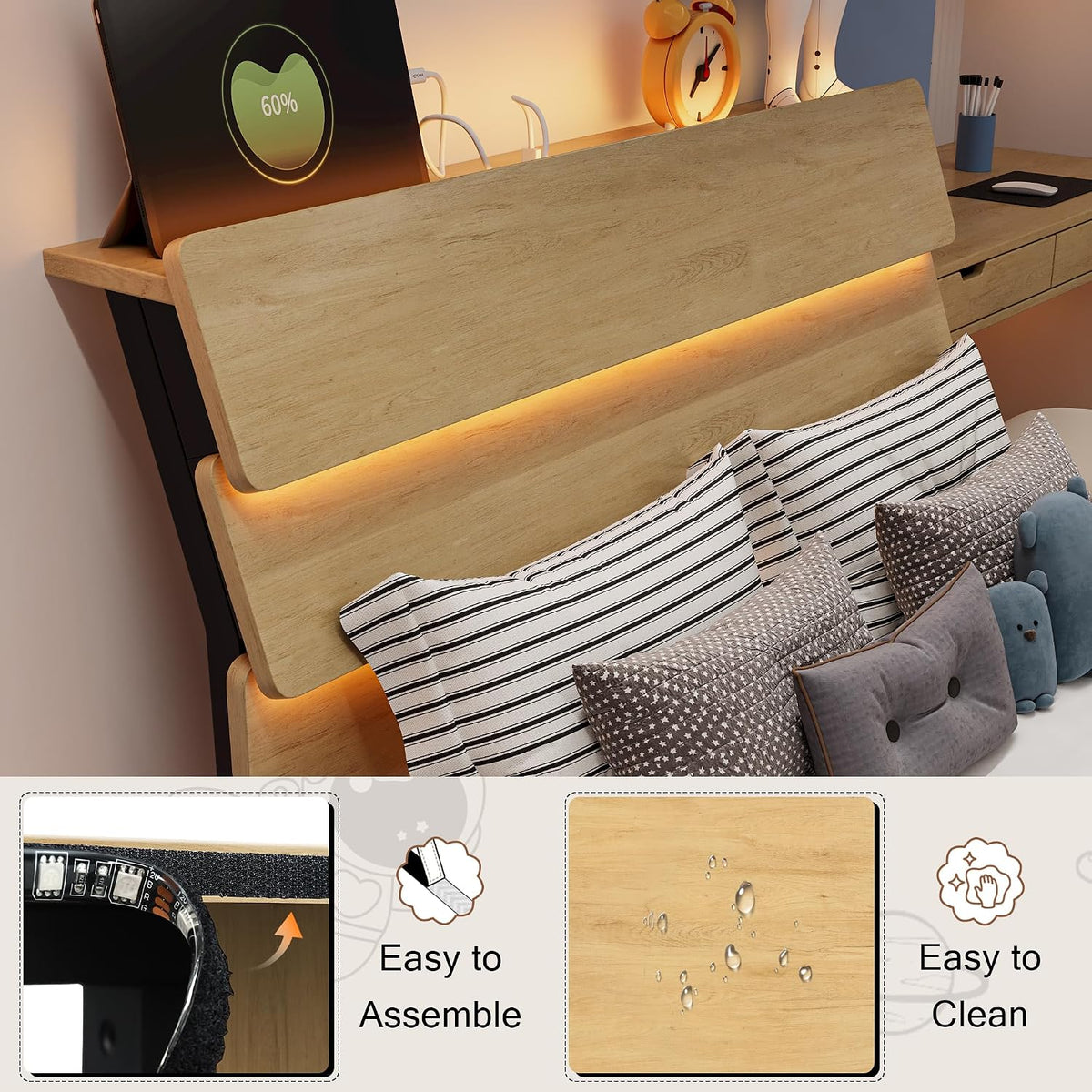 Einhomn Twin Bed Frames with LED Light and Charging Station, Floating Wooden Bed Frame, Heavy Duty Metal Slats, No Box Spring Needed, Noise Free, Easy Assembly, Oak