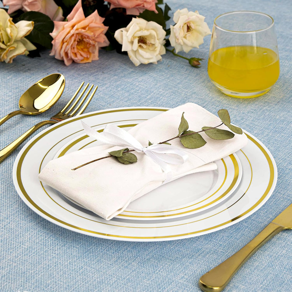 SETUP Case of 300 White Gold Rimmed Plastic Plates - Premium Heavy-Duty Disposable Plates for Wedding and Party, 150 10.25' Dinner and 150 7.5' Salad Plates