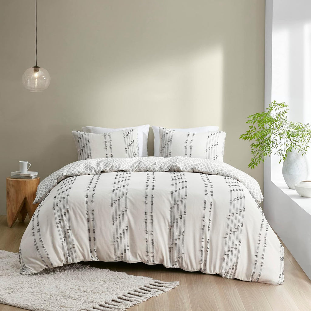 INK+IVY Cotton Duvet Cover King Size - 100% Cotton Duvet Cover Set, Boho Bedding Set for All Seasons Farmhouse Bedding Duvet & Sets with 2 Pillowcase, Jacquard Stripes, Ivory 3 Piece King/Cal King