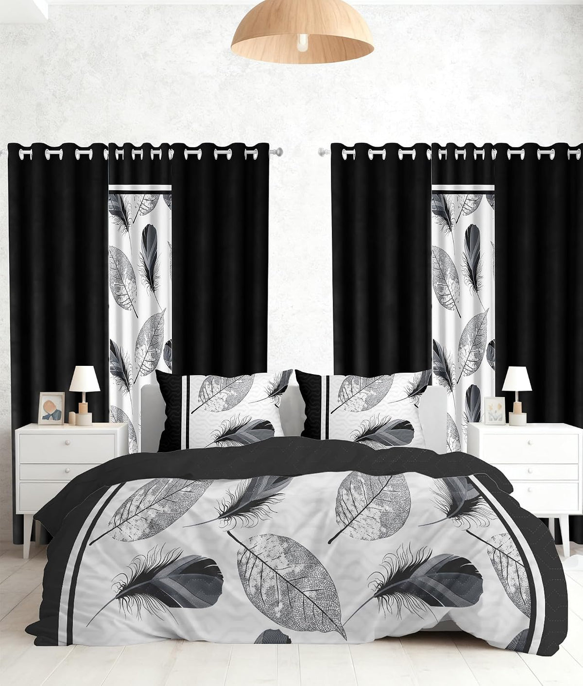 9 pcs King Bed in a Bag with Curtains | Bedspread, Pillowcases, Print & Solid Curtains | Microfiber Monochrome Nature | Fade-Resistant, Easy Care | Comforter Sets with Matching Curtains