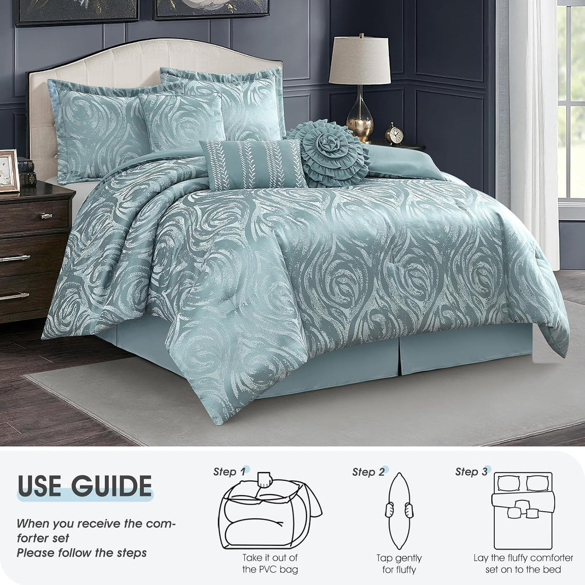 LANCO MODERN LIFESTYLE Blue 7 Piece Comforter Set, Queen, Elegant Floral Jacquard, Ultra Soft Bed Set for All Seasons, Bed in a Bag, Include Comforter, Bed Skirt, Pillow Shams & Decor Pillows