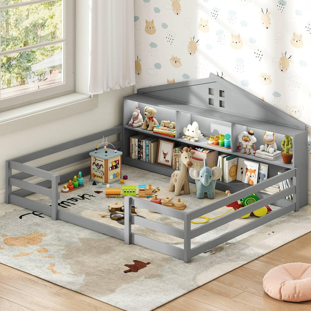 KOMFOTT Full Floor Bed with Bookcase & LED Light, Wood Bed Frame with Bedside Bookshelves & Guardrails, Versatile 2-in-1 Montessori Floor Bed for Kids (Grey)
