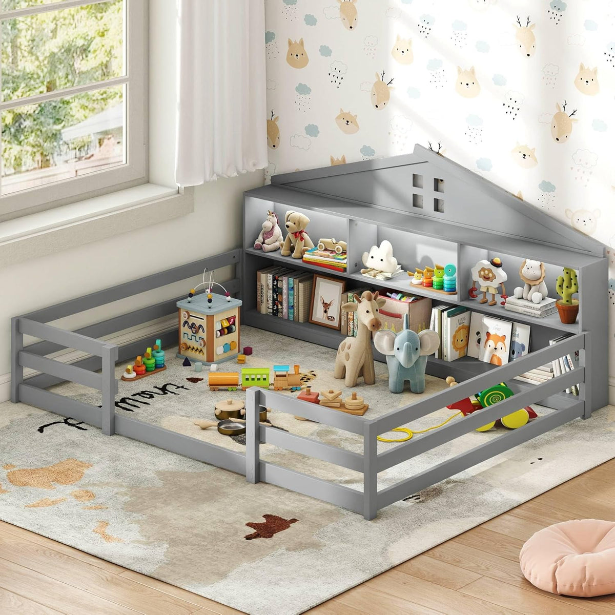 KOMFOTT Full Floor Bed with Bookcase & LED Light, Wood Bed Frame with Bedside Bookshelves & Guardrails, Versatile 2-in-1 Montessori Floor Bed for Kids (Grey)