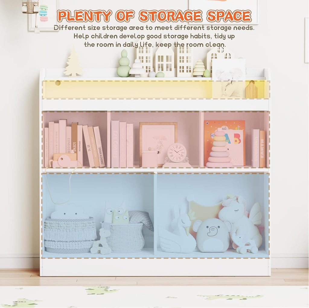 Lkeiyay Open Shelf Kids Bookcase,Montessori Toy Organizer with LED Lights - White Wooden Open Bookcase for Kids, Bedroom, Back to School,Playrooms & Nurseries
