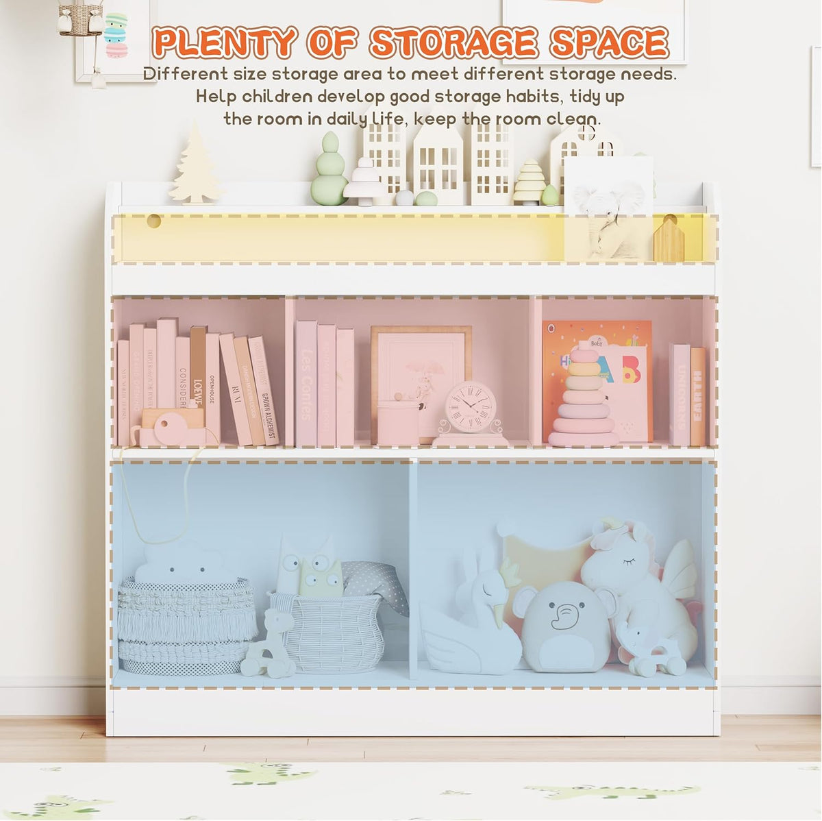 Lkeiyay Open Shelf Kids Bookcase,Montessori Toy Organizer with LED Lights - White Wooden Open Bookcase for Kids, Bedroom, Back to School,Playrooms & Nurseries