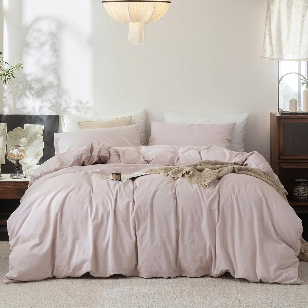 FOSSA Duvet Cover Set 100% Washed Cotton Linen Feel Super Soft Breathable Cozy 3 Pieces Bedding Sets Solid Greyish Pink Oversized King Plus