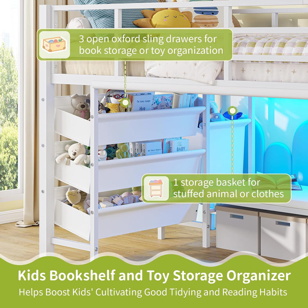 DICTAC Low Loft Bed Twin Size with Reading Corner Metal Twin Loft Bed with LED Lights,Sling Drawers and Bookshelf,loft Bed with Storage Basket and Bins,13.98' H Safety Guardrail and Stairs,White