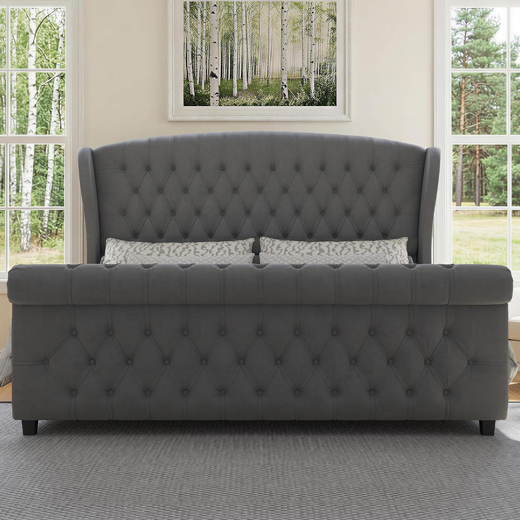 LUXOAK King Size Platform Bed Frame, Velvet Upholstered Sleigh Bed with Curved Headboard & Footboard, Deep Button Tufted, Wood Slats Support, No Box Spring Needed, Grey