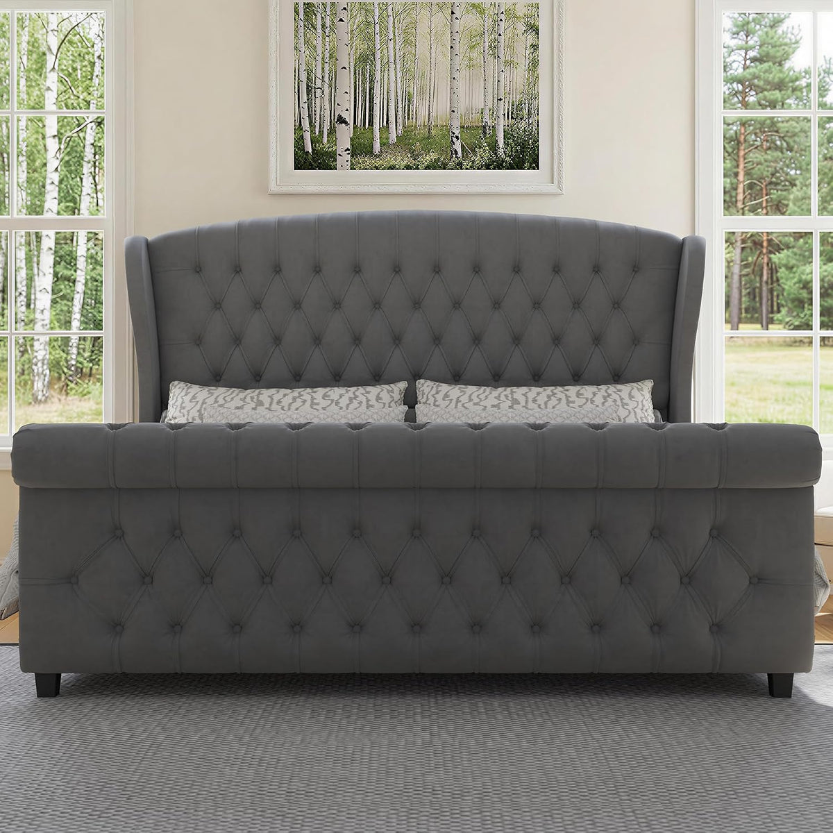 LUXOAK King Size Platform Bed Frame, Velvet Upholstered Sleigh Bed with Curved Headboard & Footboard, Deep Button Tufted, Wood Slats Support, No Box Spring Needed, Grey