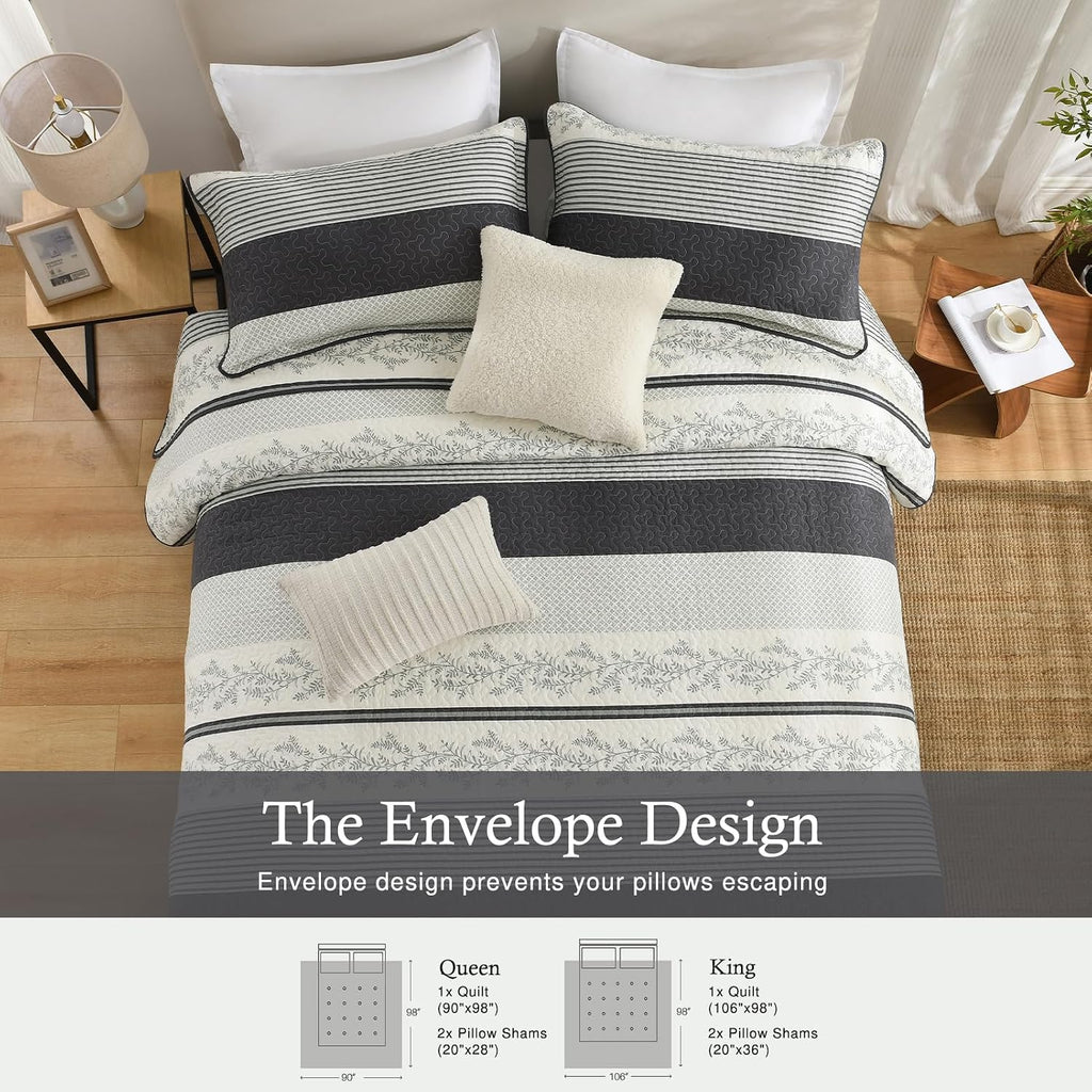 Stripe Quilts Queen Size - 100% Cotton Lightweight 3 Pieces Bedding Set, Vintage Vine Pattern Quilted Bedspread with 2 Pillow Shams, Farmhouse Printed Coverlet for All Season, Green/Gray