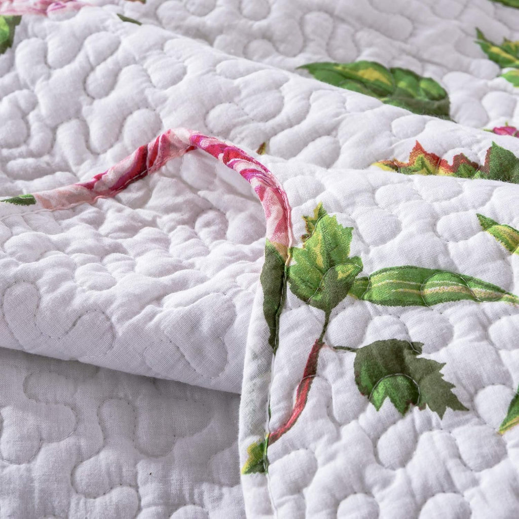 DaDalogy Bedding 10-Pieces Floral Bed in a Bag Set - Romantic Roses Lovely Blooming Pink Bedspread Fitted & Flat Sheets Set w/Throw Euro Sham Pillow Covers & Window Curtain Valance - Twin Size