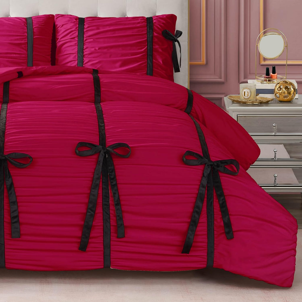 Juicy Couture Hot Pink Amelie Velvet Bows Ruched Twin/Twin XL Comforter Set - 2 Piece Stylish Bedding Ensemble