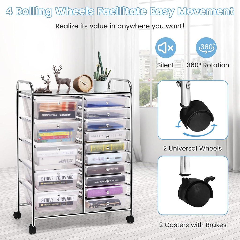 LUARANE Rolling Cart with 15 Drawers, Craft Storage Cart with Portable Handles & Lockable Wheels, Mobile Toys Organizer, Large Capacity Utility Drawer Cart Home Office School Teacher (Clear)