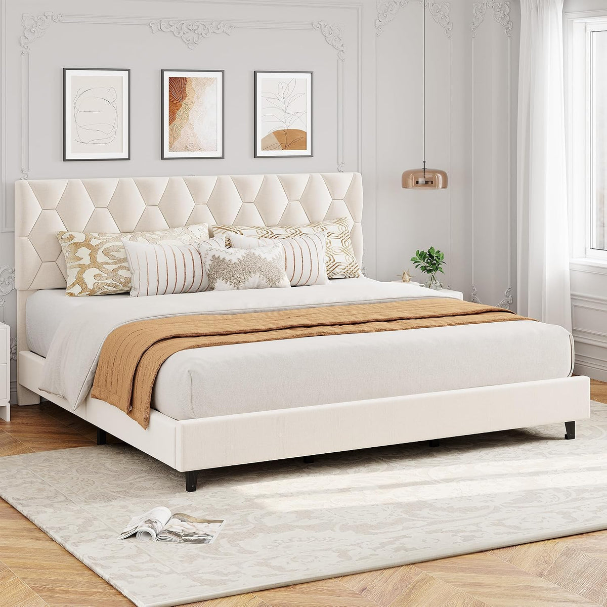 GarveeHome Cal King Bed Frame with Adjustable Headboard, Modern Linen Upholstered Platform Bed Frame with Wood Slats Support, No Box Spring Needed, Easy Assembly for Bedroom Apartment, Beige