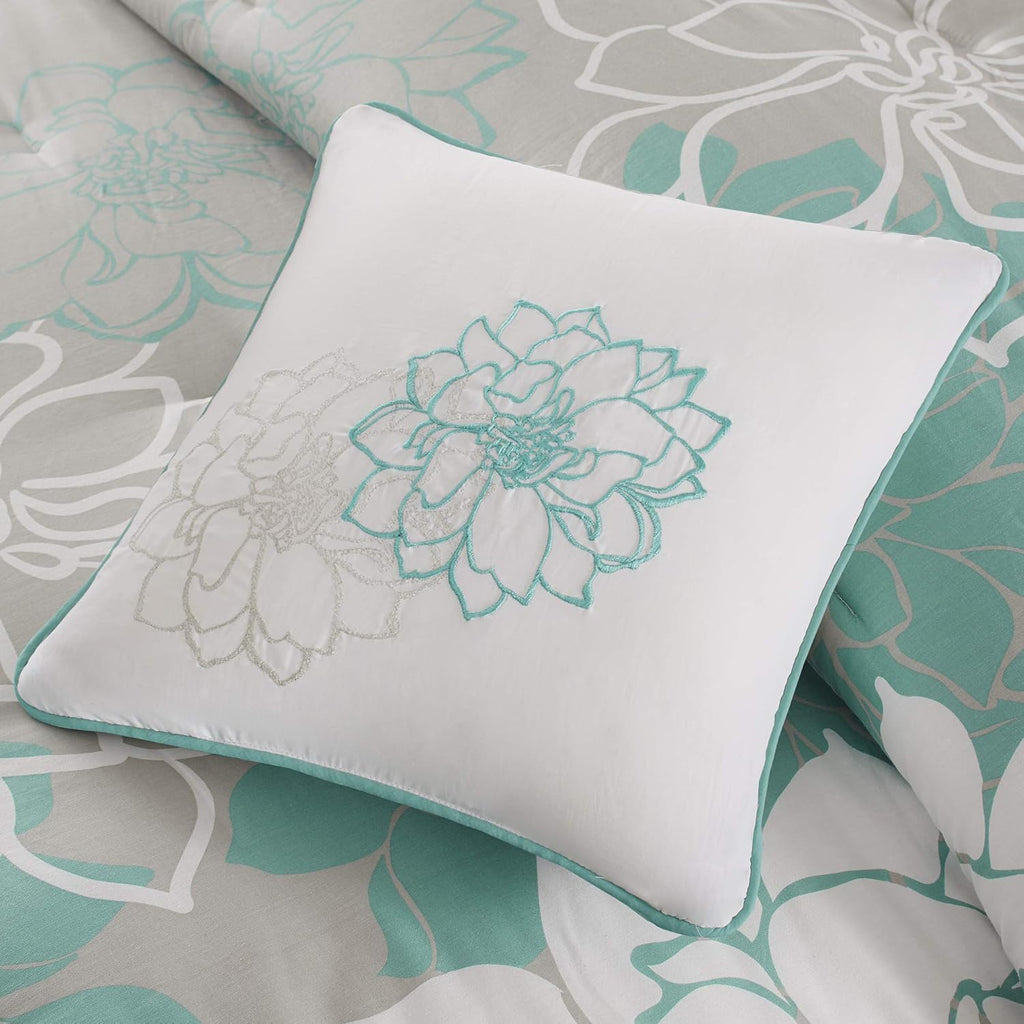 Madison Park Lola Sateen Cotton Comforter Set-Casual Medallion Floral Design All Season Down Alternative Bedding, Shams, Bedskirt, Decorative Pillows, King, Grey/Aqua 7 Piece