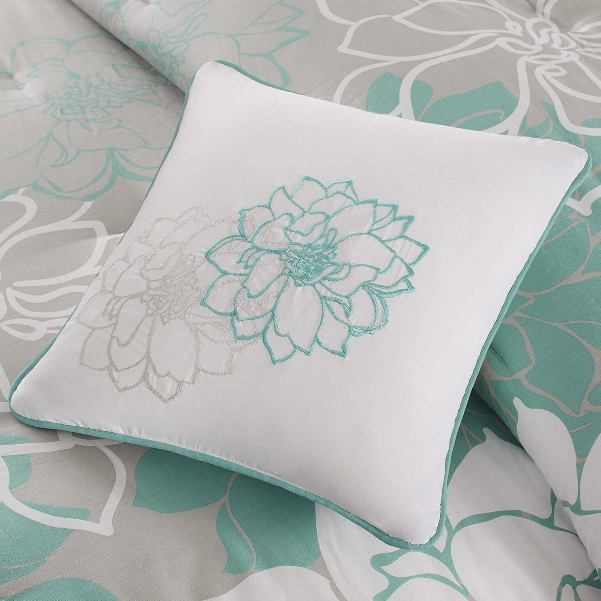 Madison Park Lola Sateen Cotton Comforter Set-Casual Medallion Floral Design All Season Down Alternative Bedding, Shams, Bedskirt, Decorative Pillows, King, Grey/Aqua 7 Piece