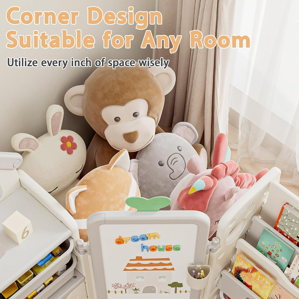 Kids Toy Storage Organizer with 10 Removable Bins, Foldable Toy Organizers and Storage with 3-Tier Bookshelf for Kids Toy Storage Organizer with Drawing Board, Extra 3 Brushes (3 In 1 Off-white)