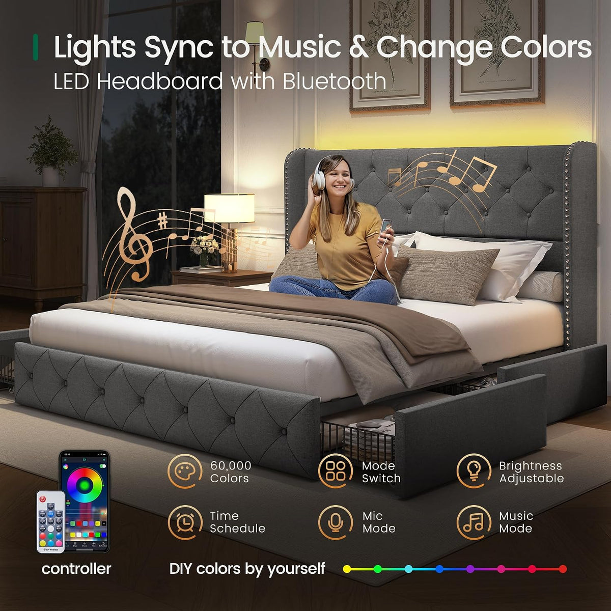 LARMACE Queen Size Bed Frame with LED Lights and 4 Storage Drawers Linen Upholstered Platform Bed Frame with 47.2' Tall Tufted Headboard Wingback, No Box Spring Needed, Easy to Assemble, Grey