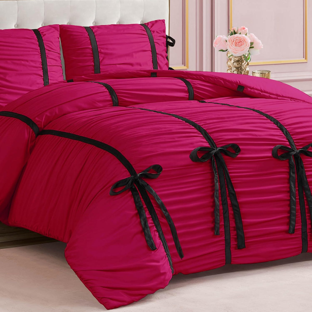 Juicy Couture Hot Pink Amelie Velvet Bows Ruched Queen/Full Comforter Set - 3 Piece Stylish Bedding Ensemble