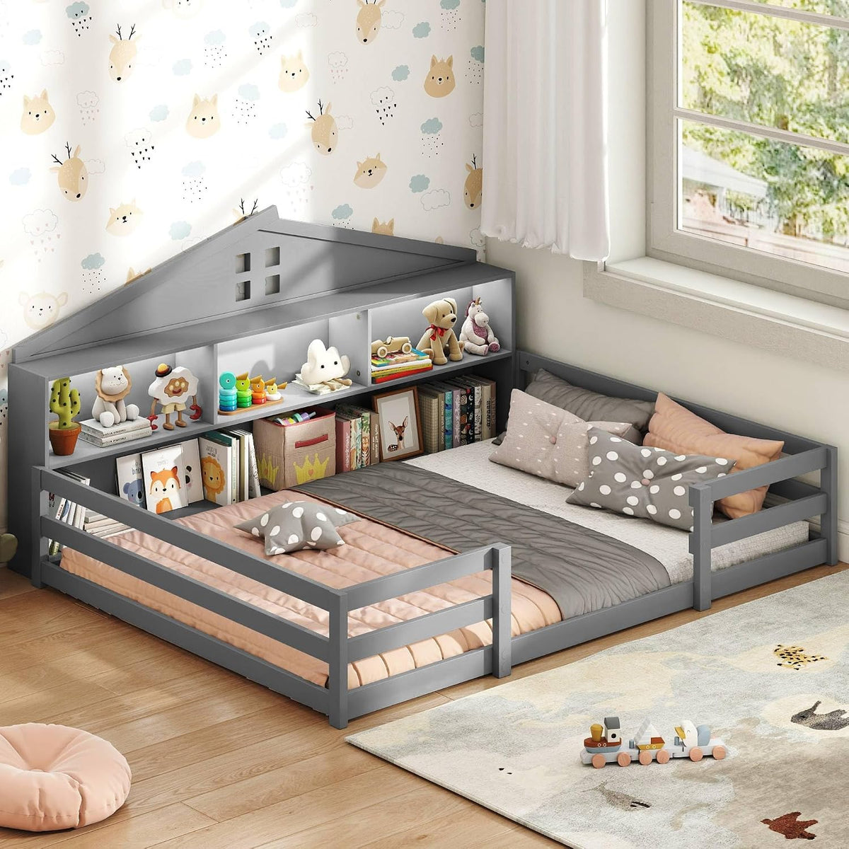 KOMFOTT Full Floor Bed with Bookcase & LED Light, Wood Bed Frame with Bedside Bookshelves & Guardrails, Versatile 2-in-1 Montessori Floor Bed for Kids (Grey)