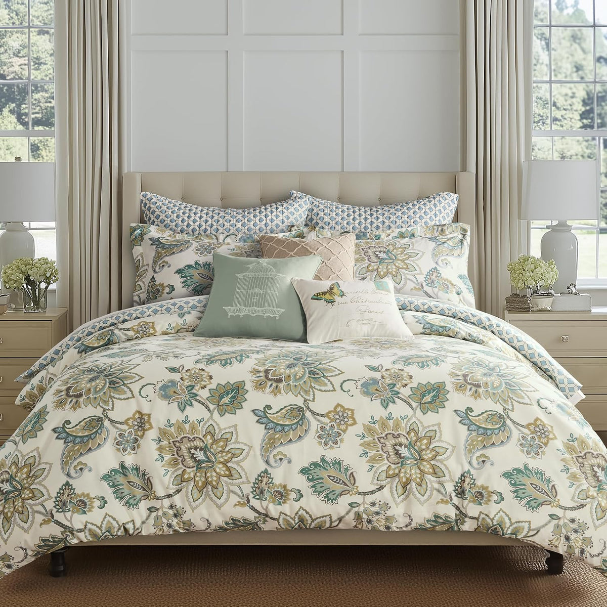 Levtex Home - Grey Palladium Duvet Set - Twin Duvet Cover (68x88in.) + One Standard Pillow Case (26x20in.) - Paisley - Green, Yellow, Grey, Blue and White - Cotton
