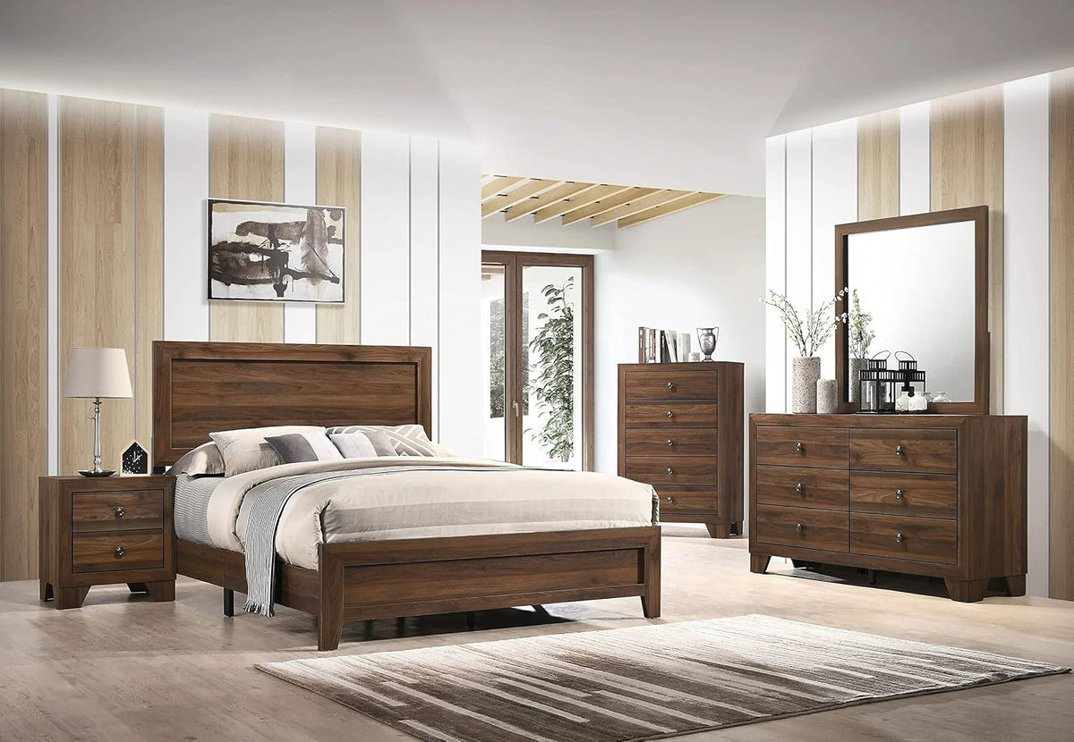 3pc Contemporary Wooden Bedroom Set King Size Panel Bed and 2 Storage Nightstands Brown Cherry Finish