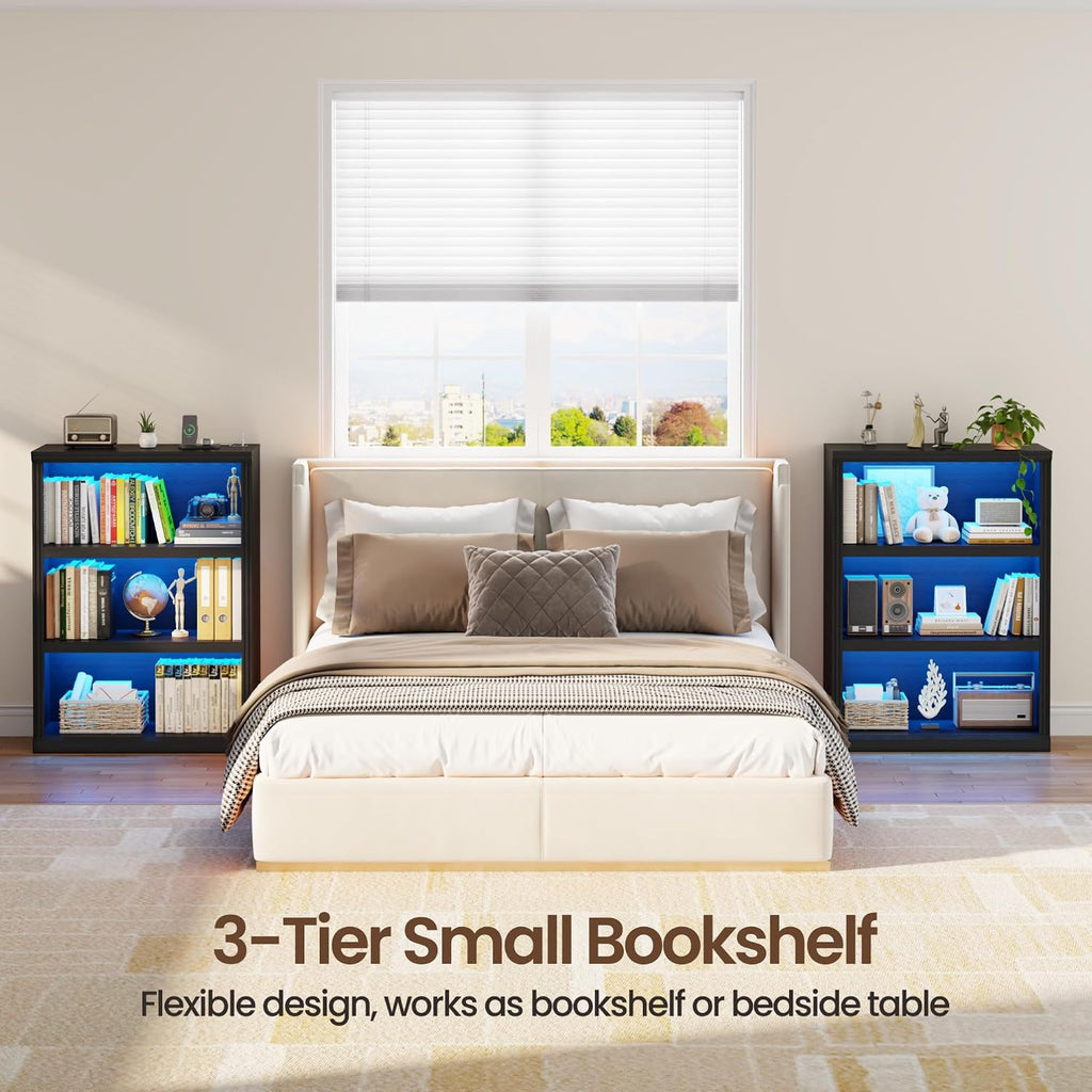 3-Tier LED Bookshelf with Motion Sensor Lights - USB Charging Module - Adjustable Modular Display Shelf 31.5 W x 43.3 H for Bedroom Living Room Home Office Gaming Room - Black