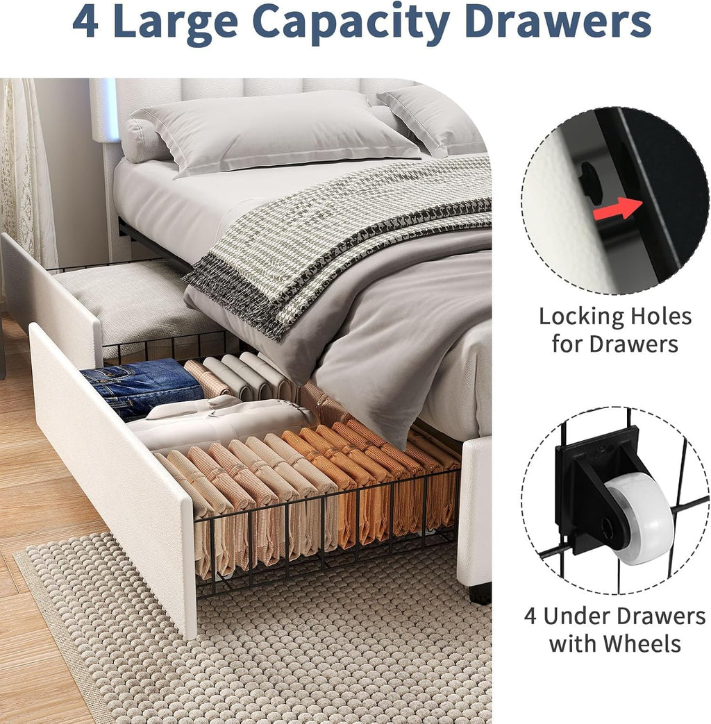IMMERSTABLE King Size Bed Frame with 4 Drawers, Bed Frame King with LED Lights, Upholstered King Bed and Headboard, No Box Spring Needed, Noise-Free, Easy Assembly, White