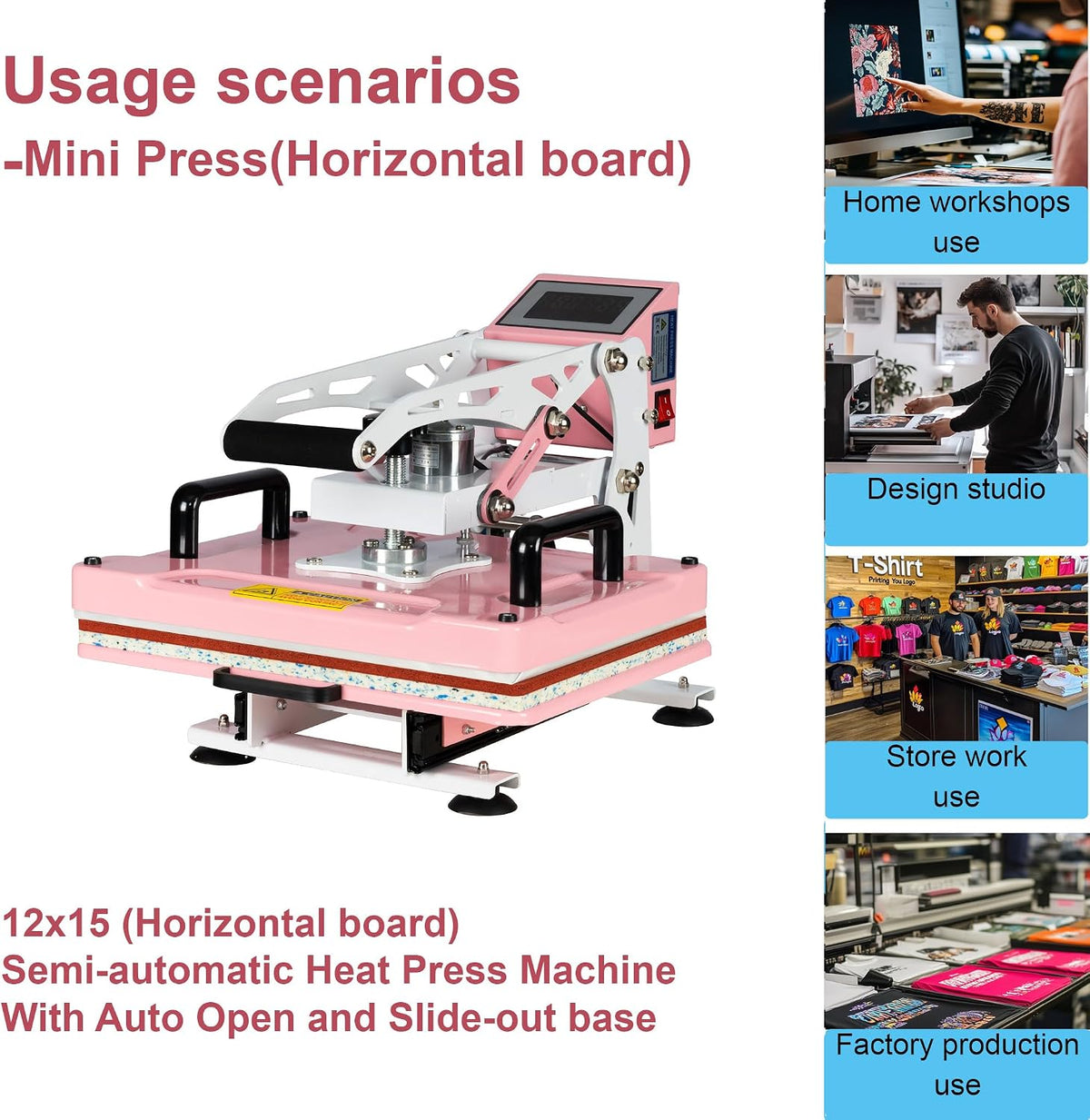 12' x 15' Semi-auto Heat Press Machine for T-Shirts, Auto Open & Slide-Out Base, Clamshell Style, Digital Sublimation Printer for Vinyl, DIY & Small Business (Pink, L12 * W15)