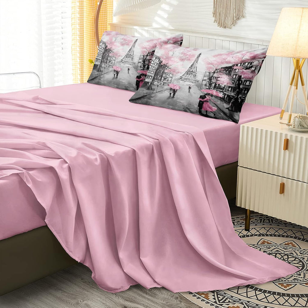 Merryword Eiffel Tower Comforter Set California King Size Bed in a Bag Sweet Couple Lovers Pink Paris Design Bedding with 1 Comforter, 4 Pillowcases, 1 Flat Sheet, 1 Fitted Sheet, 1 Cushion Cover